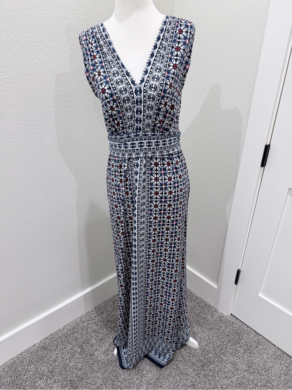 Max Studio Navy and White Printed V-Neck Maxi Dress